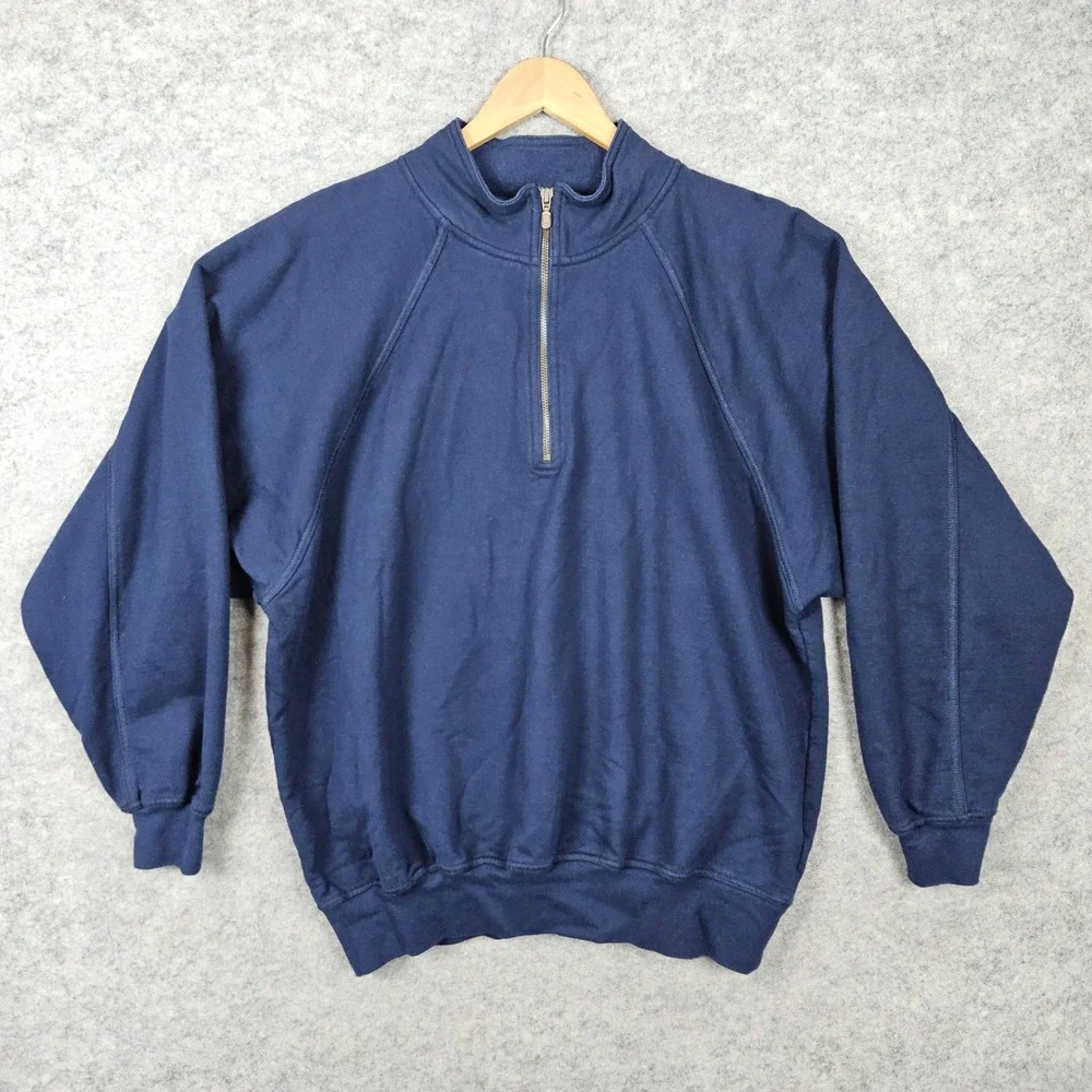 Lands End Unisex Navy Blue Quarter Zip Sweatshirt Size L 100% Cotton Mock Neck